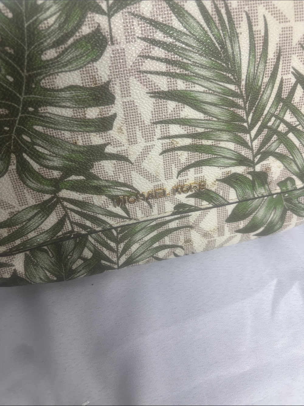 Michael Kors Green Leaf Print Tote with Gold Logo on Cream